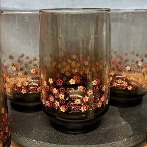 Set of 6 vintage Autumn Floral Amber Glass
